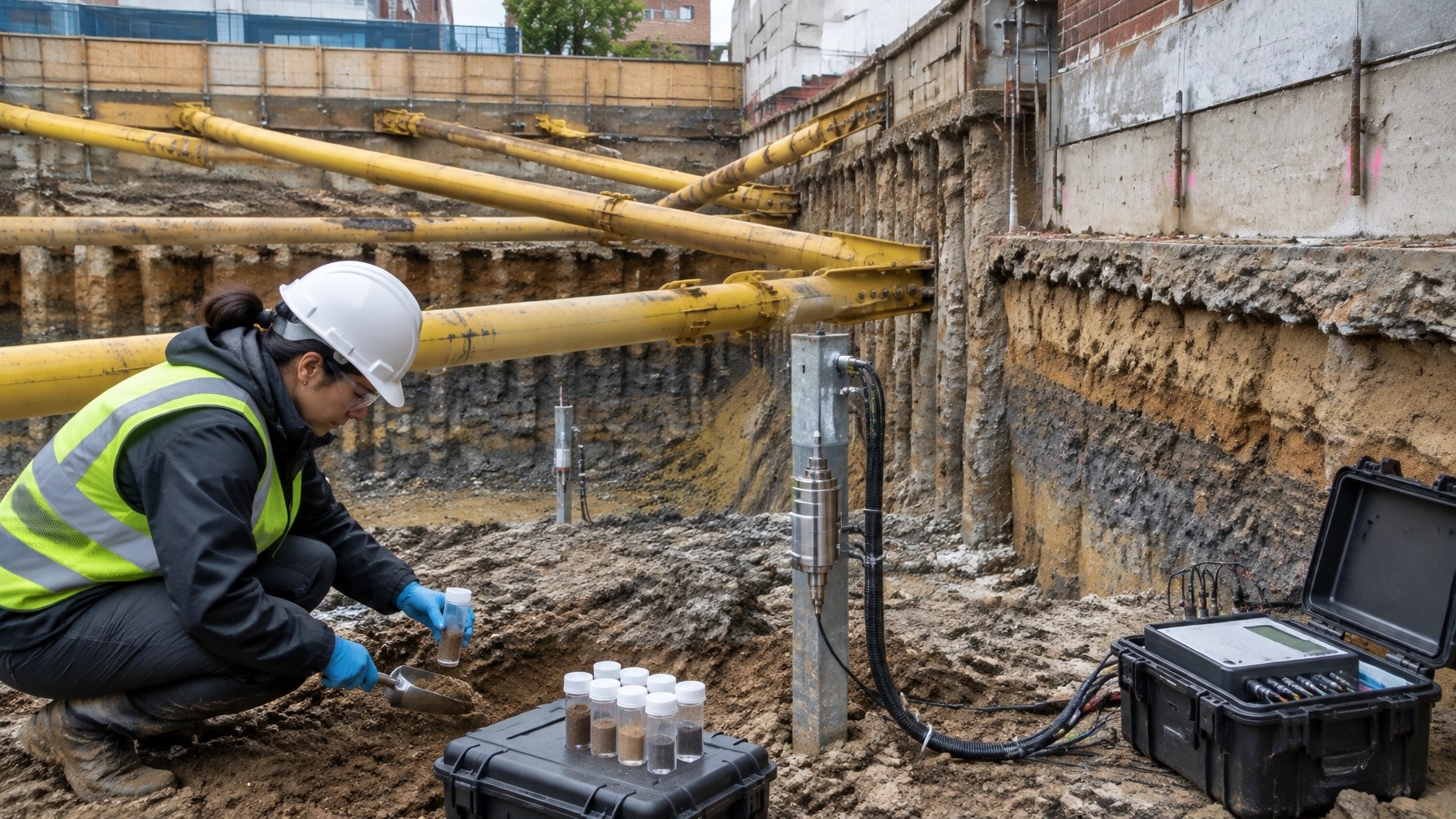 Urban excavation with internal bracing, exposed soil layers, settlement instruments, vibration monitoring equipment, and an environmental field technician collecting a soil sample