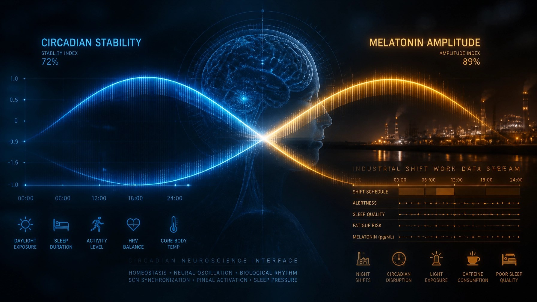 Cinematic futuristic visual of circadian stability and melatonin amplitude waveforms crossing over industrial shift work data streams