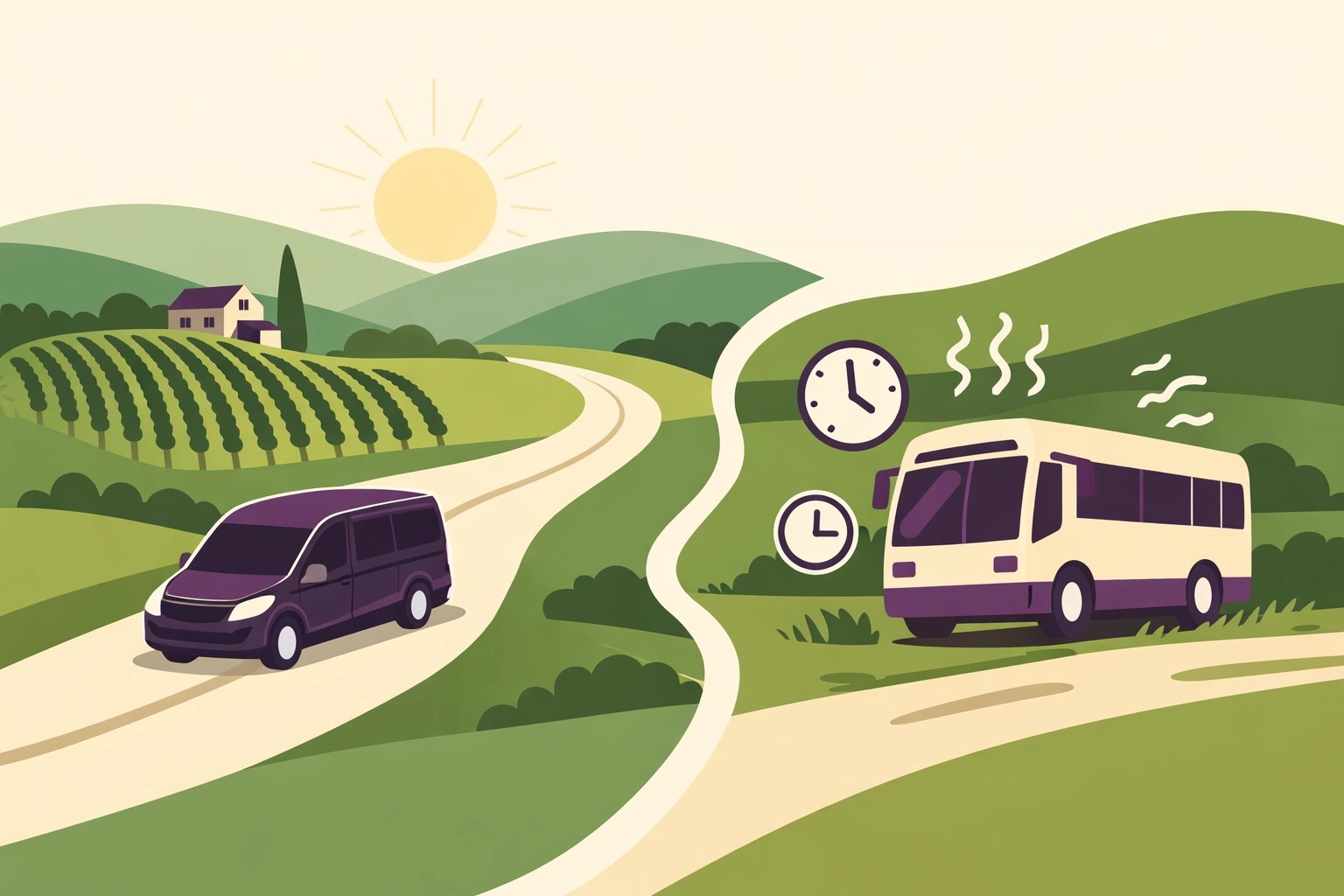 Illustration comparing a stress-free luxury van tour with a crowded party bus in Virginia wine country.