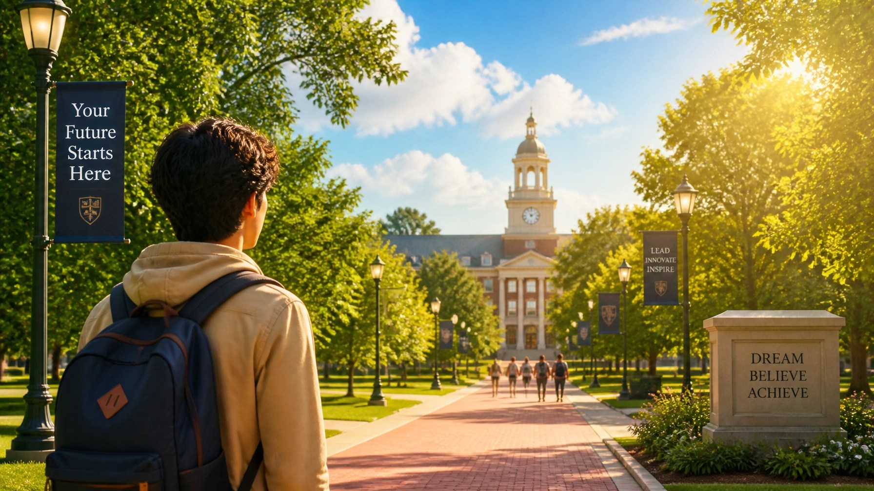 A student looking at a university campus pathway surrounded by green trees under a bright sky