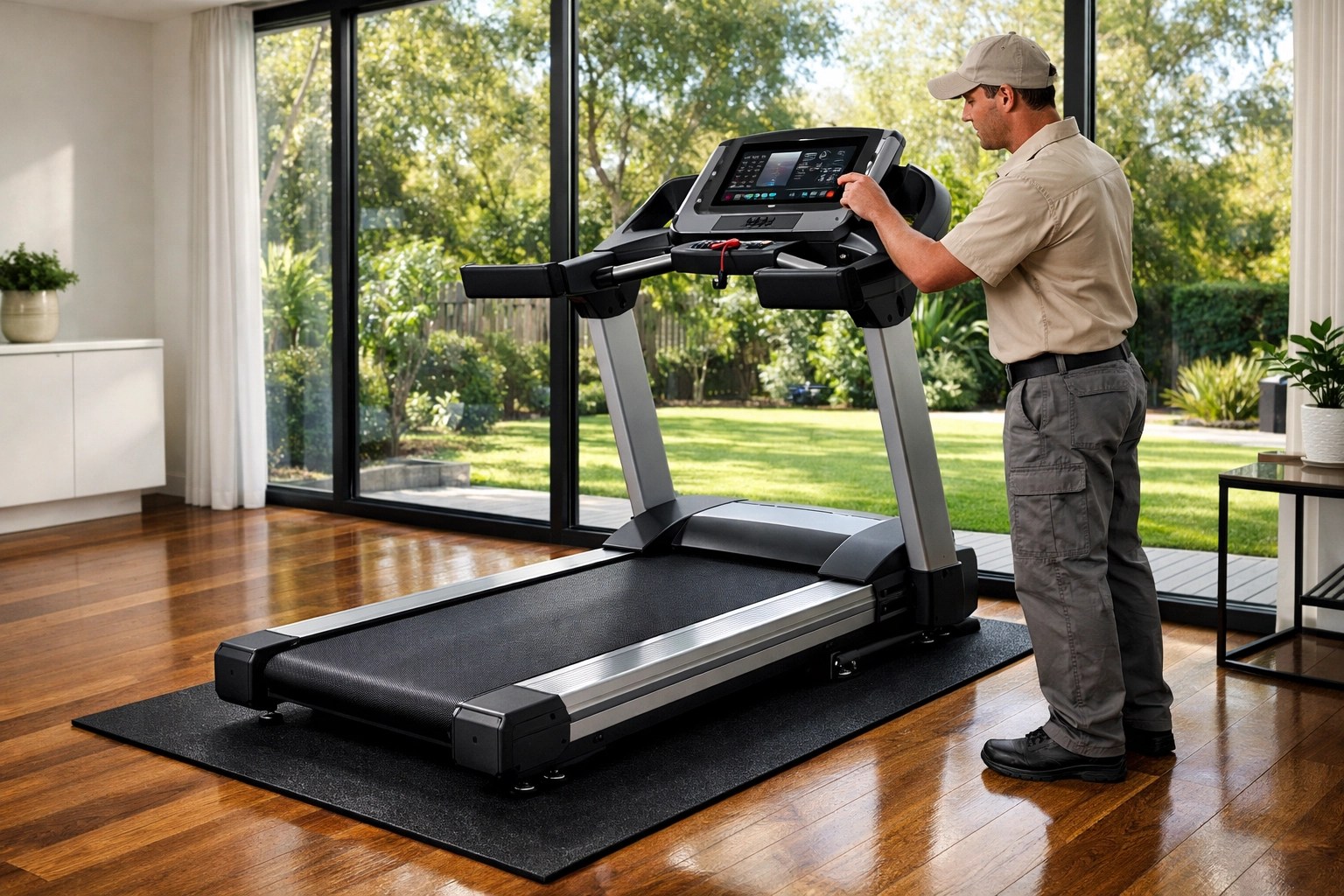 Premium treadmill hire and professional setup in a sun-lit Melbourne home gym.