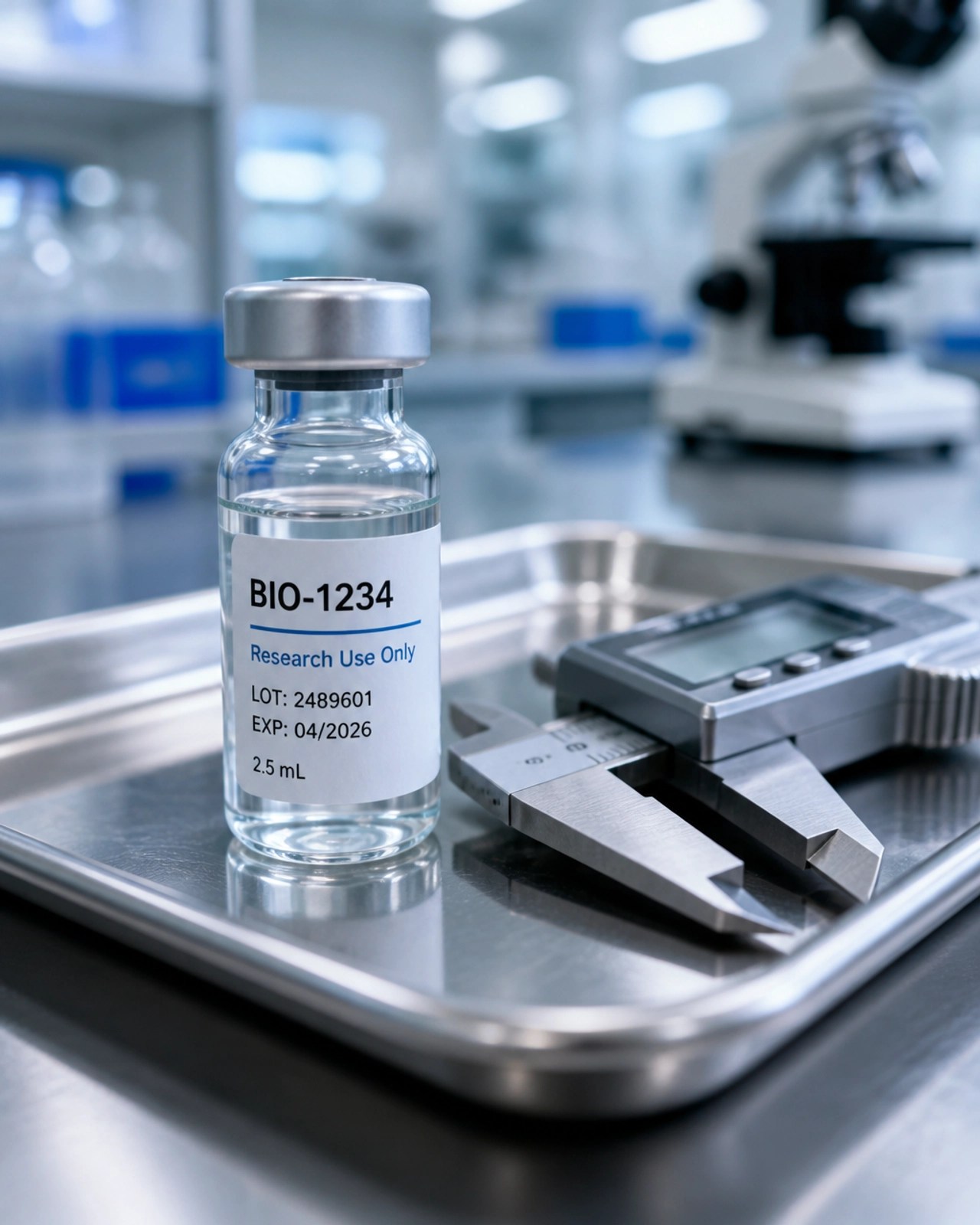Close-up of a sterile laboratory environment with a glass vial and precision tool.