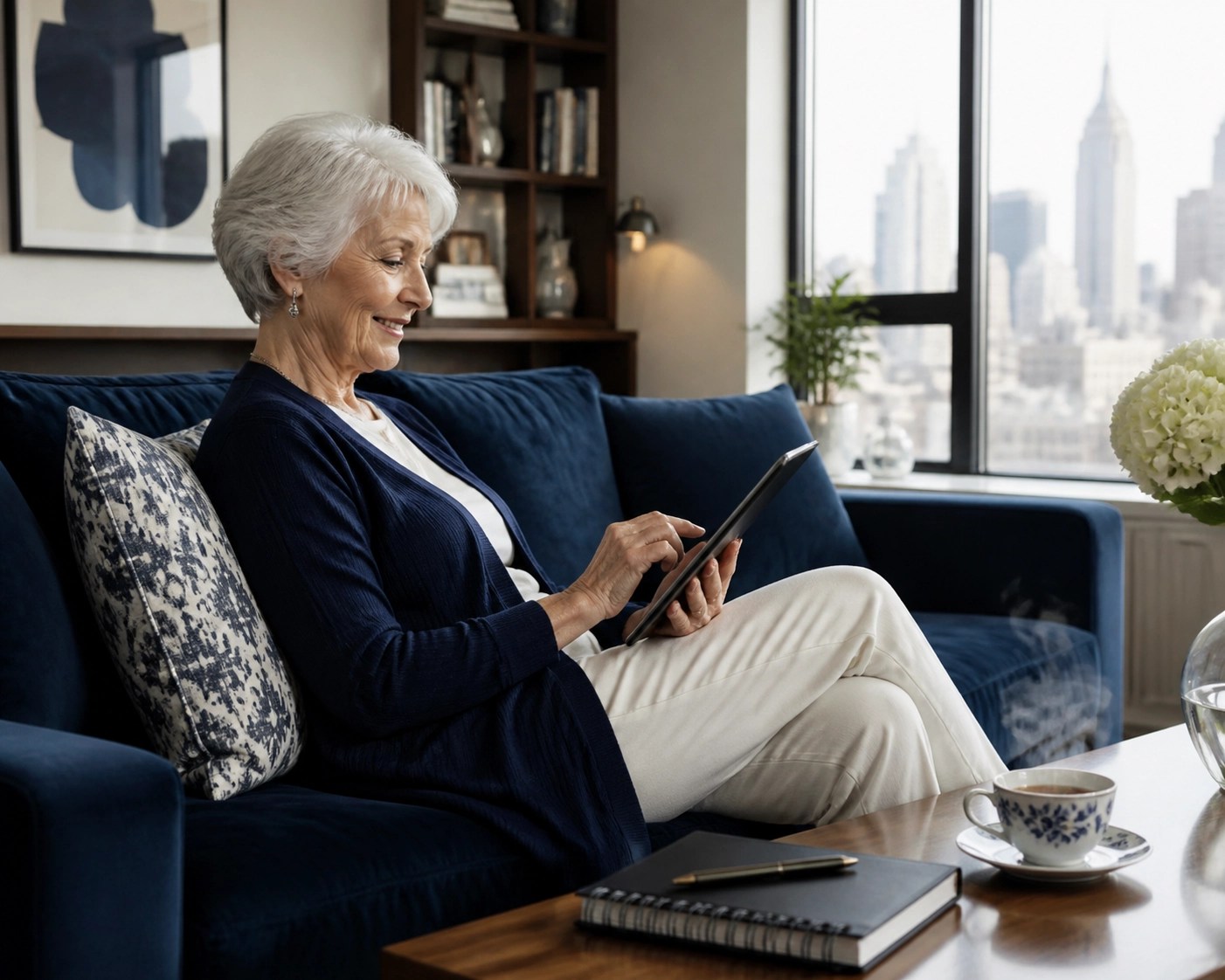 A senior woman in New York applying for Medicare online using a tablet with expert guidance.