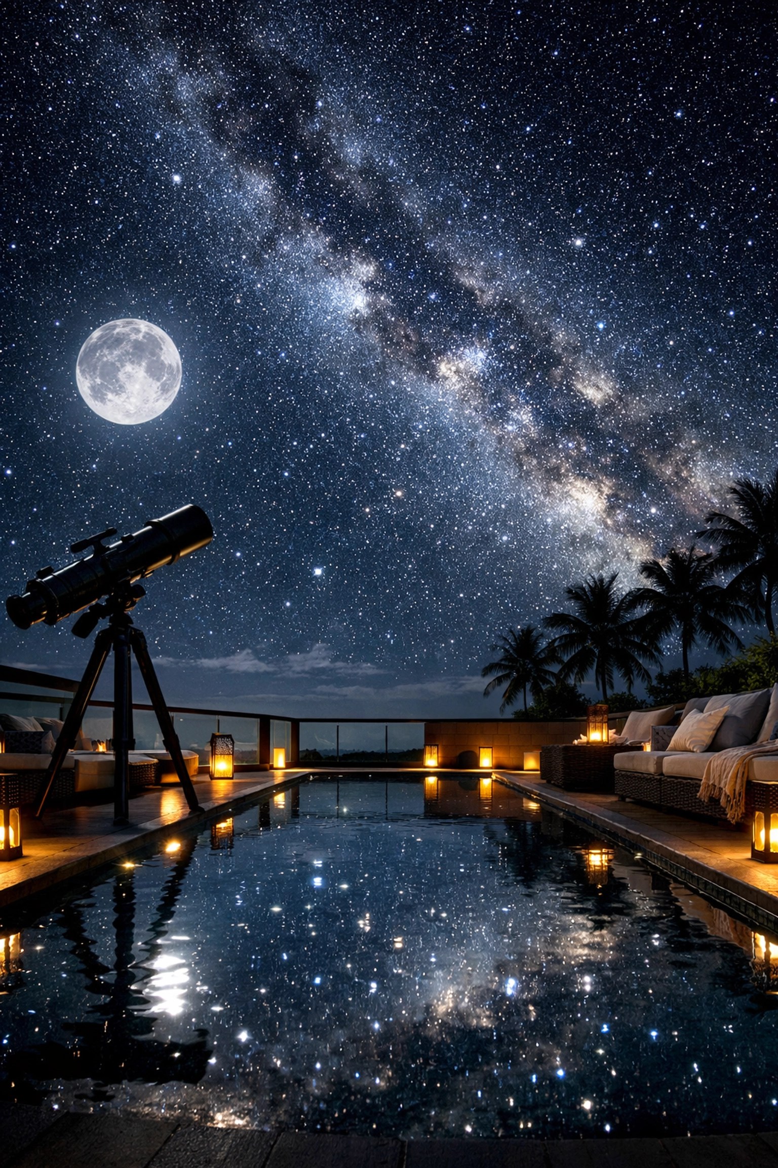 Private rooftop terrace with stargazing telescope and moonlit pool at Sandals resort