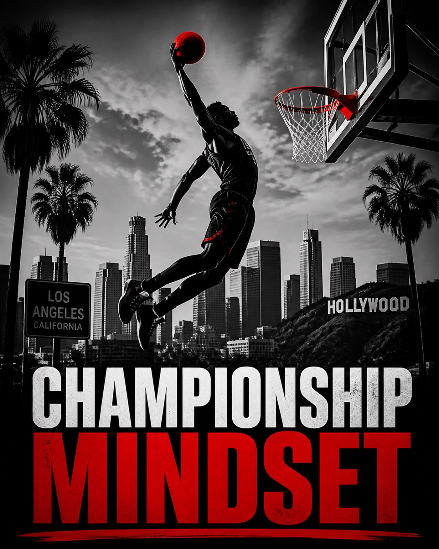 Silhouette of a basketball player dunking over the LA skyline representing championship mindset.