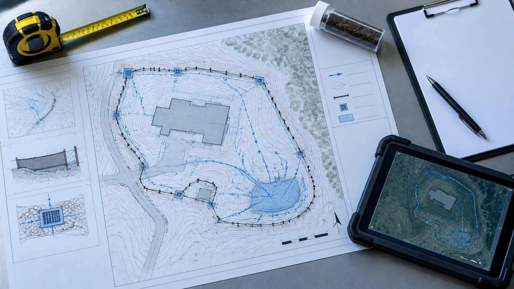 Engineering plan sheets, inspection materials, and field equipment arranged for SWPPP planning