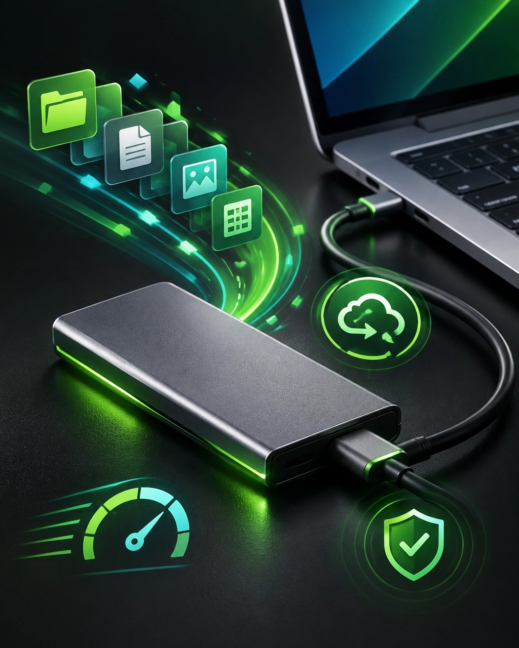 External NVMe SSD connected to a laptop with organized files, glowing data streams, and backup symbols