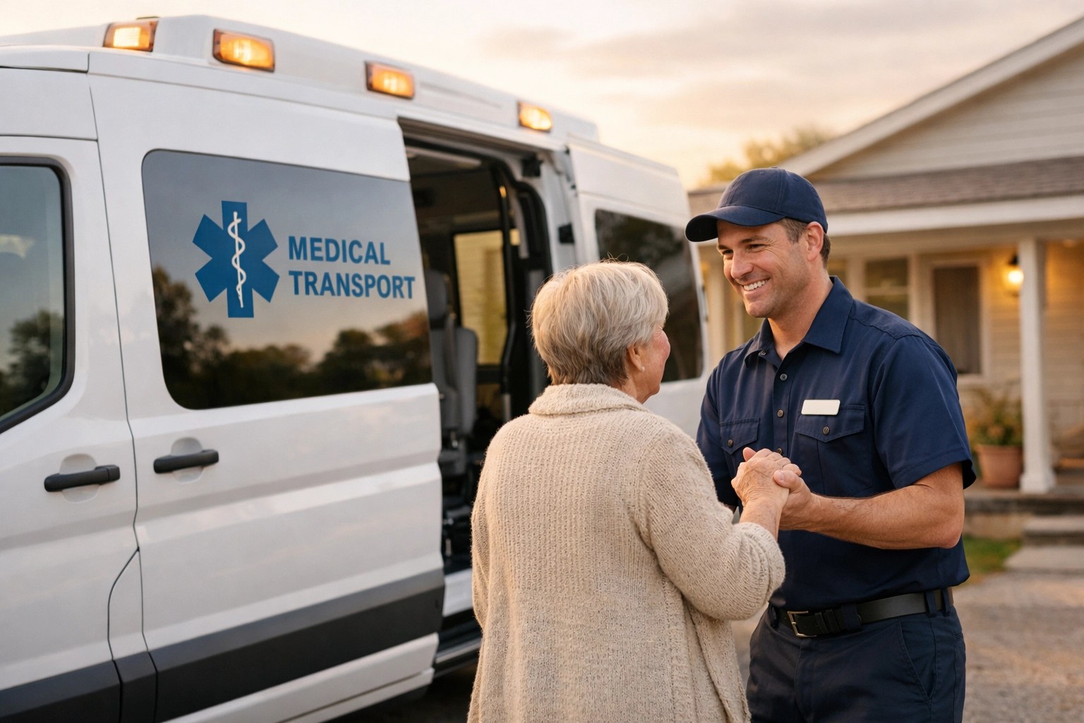 Professional NEMT driver assisting a patient at their rural home into a medical transport vehicle.