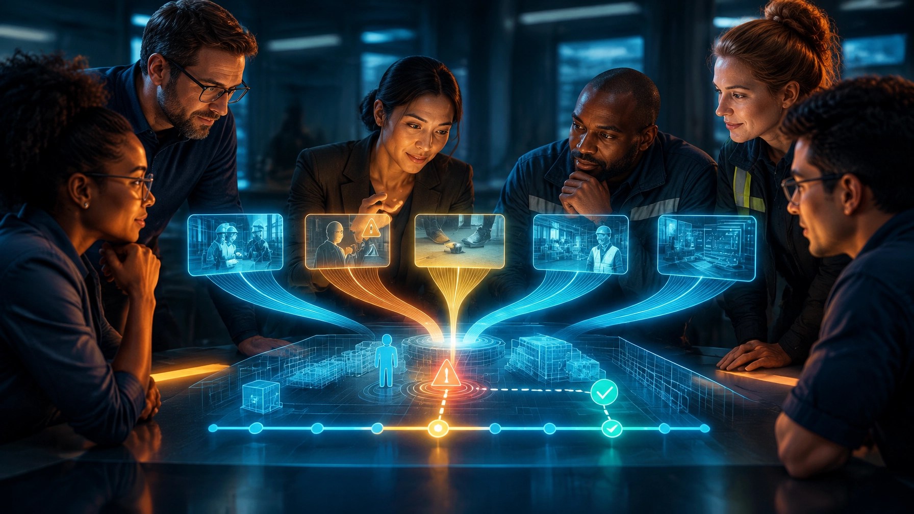 A cross-functional team examining a holographic timeline of a near miss and successful recovery