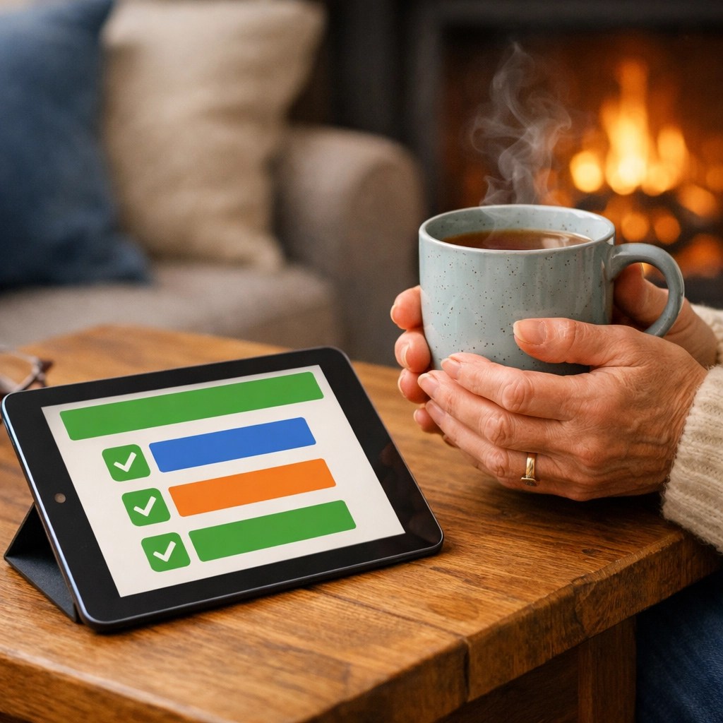A senior woman successfully completing a simplified final expense insurance application on a digital tablet.