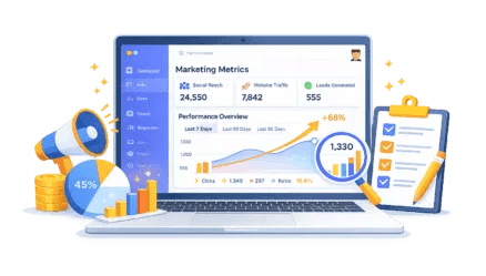 A digital dashboard on a laptop displays key marketing metrics like social reach and website traffic, representing data-driven marketing and ROI.