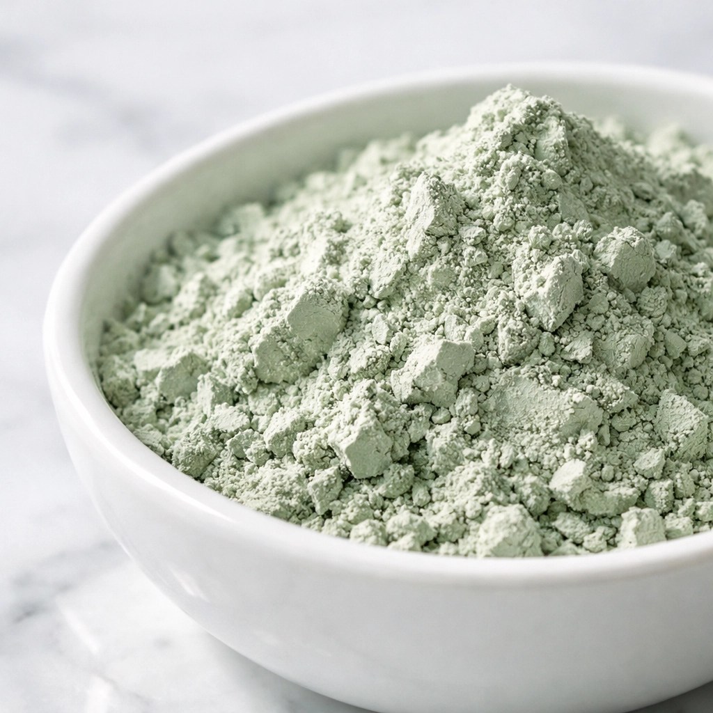 Pure French green clay montmorillonite powder in white bowl showing fine mineral texture