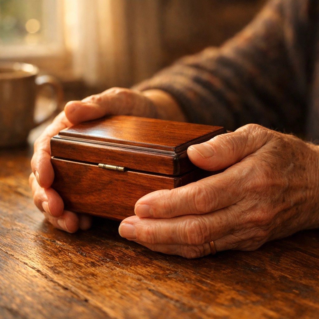 Close-up of senior hands holding a keepsake box, representing the legacy protected by final expense insurance.