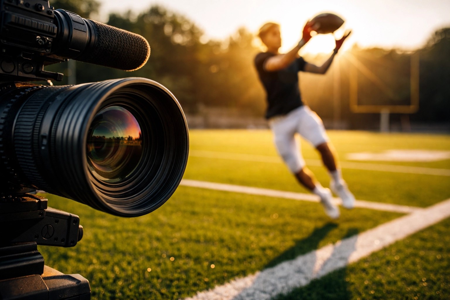 Close-up of video camera with Atlanta youth athlete catching a football, highlighting the value of professional sports highlight reels.