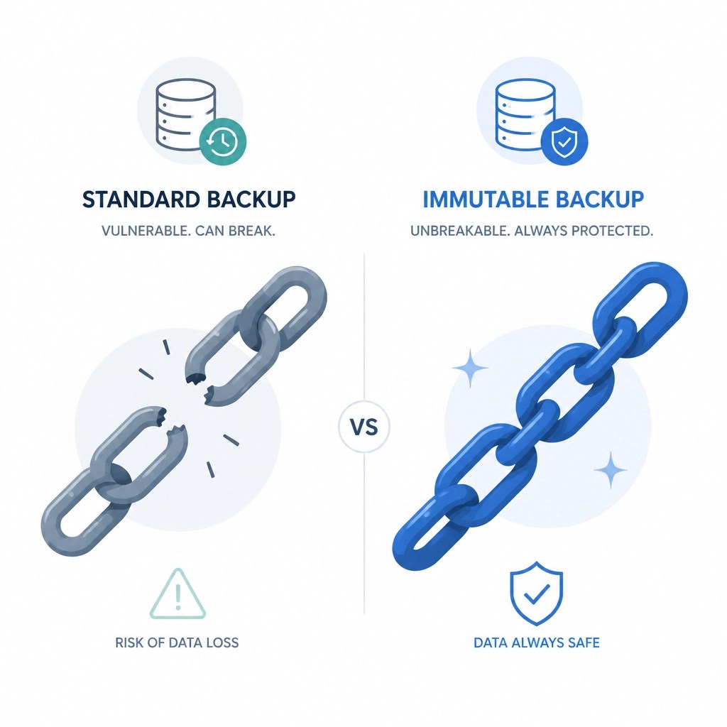 Comparison of a broken standard backup chain vs a solid immutable backup chain