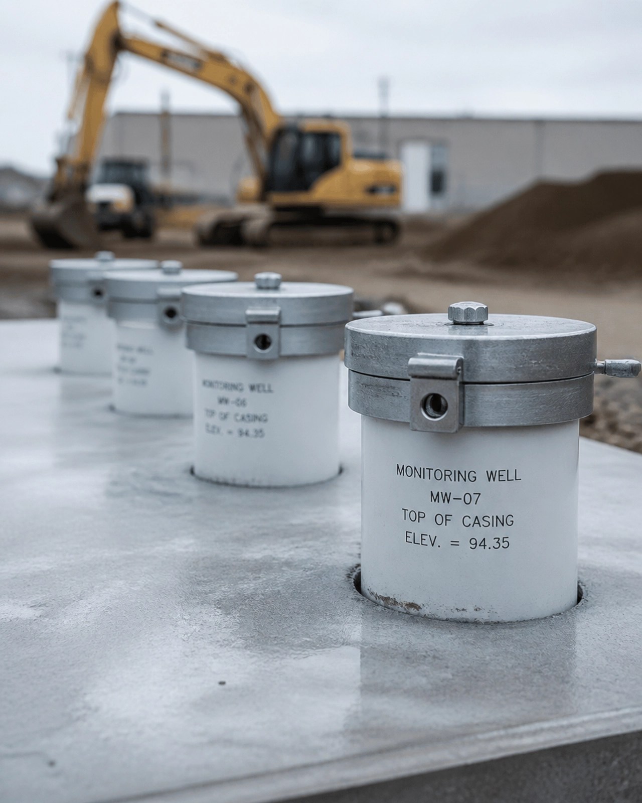 Close-up of professional groundwater monitoring well caps installed in a concrete slab, representing the environmental oversight in an integrated project.
