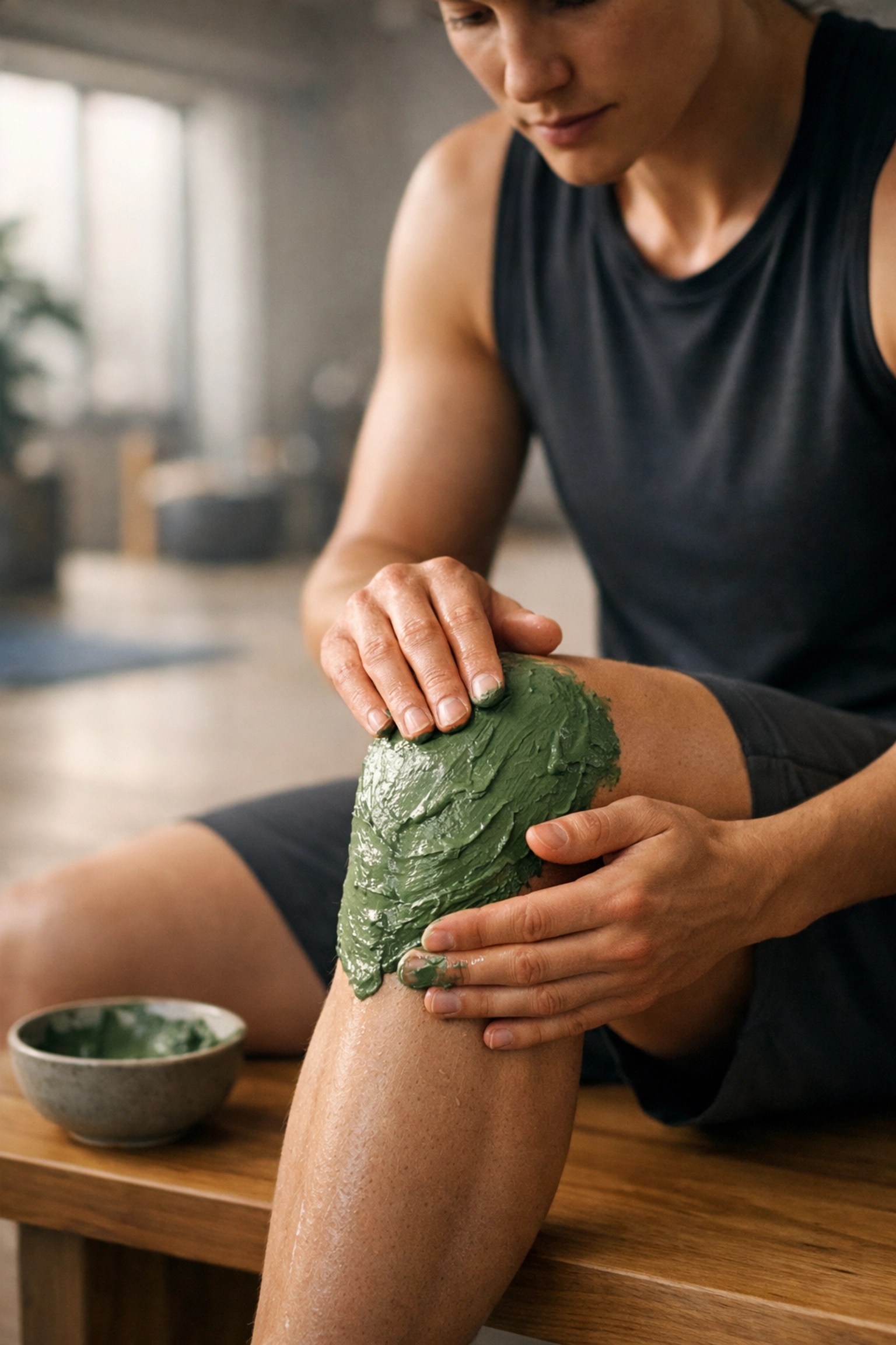 Athlete applying healing clay to a knee for muscle recovery, a professional choice for sports healing.