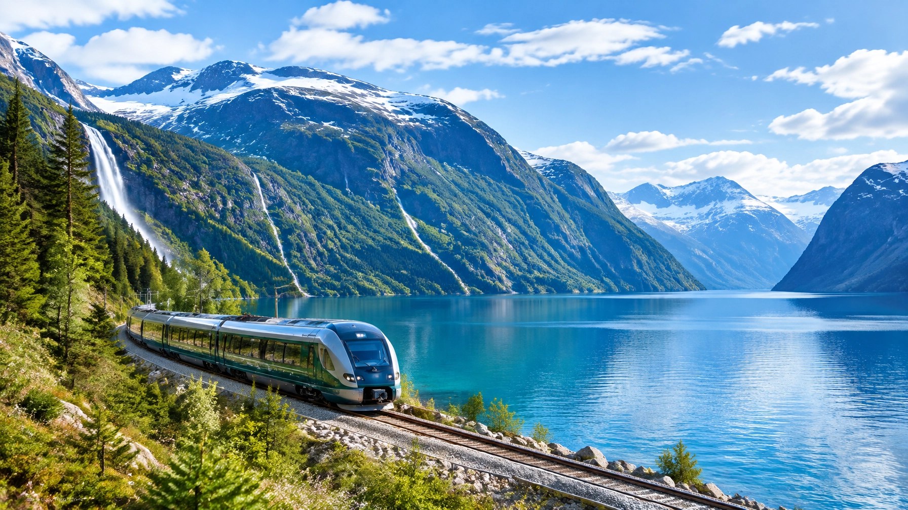 Norwegian scenic train travelling beside a deep blue fjord beneath broad mountain slopes