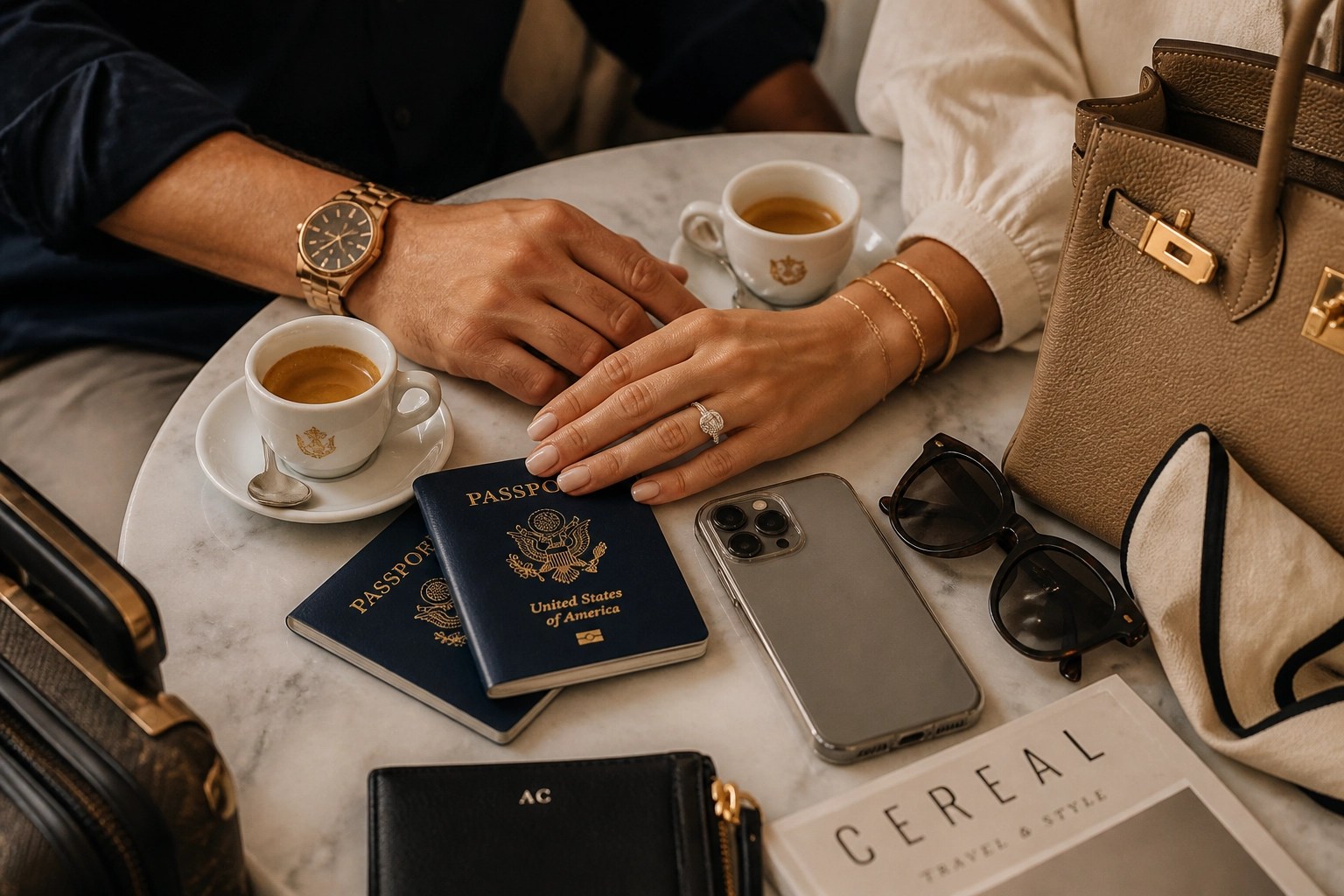 Stylish travel moment focused on hands sharing trip details and luxury essentials without showing faces.