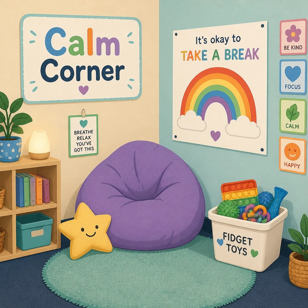 A cozy 2D cartoon-style illustration of a 'Calm Corner' in a classroom with a beanbag chair and sensory toys.