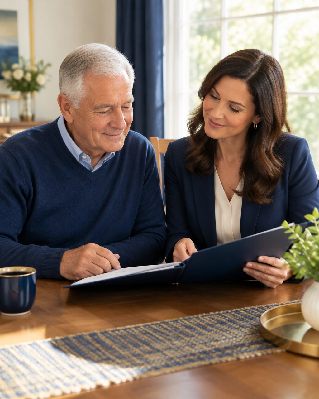 Older man and adult daughter discussing a family financial plan