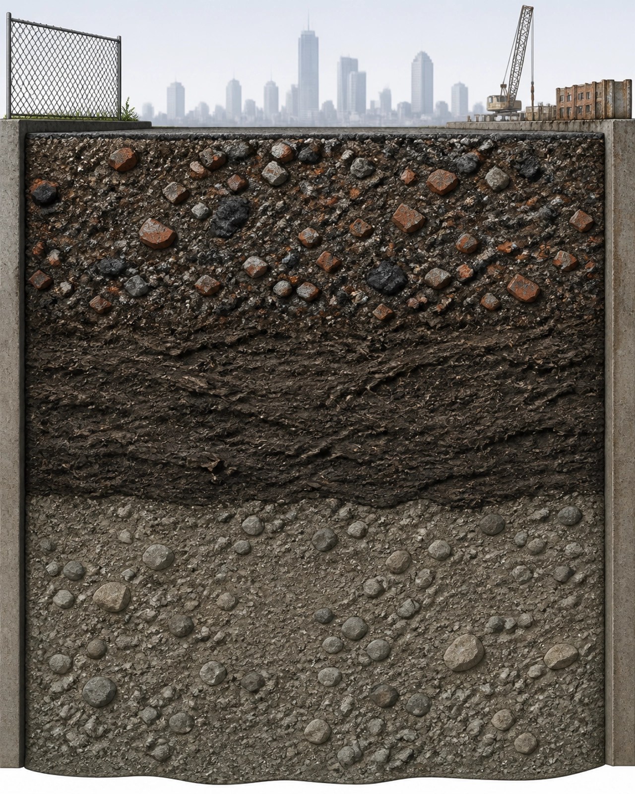 Technical soil strata cross-section showing historic fill layers over native soil