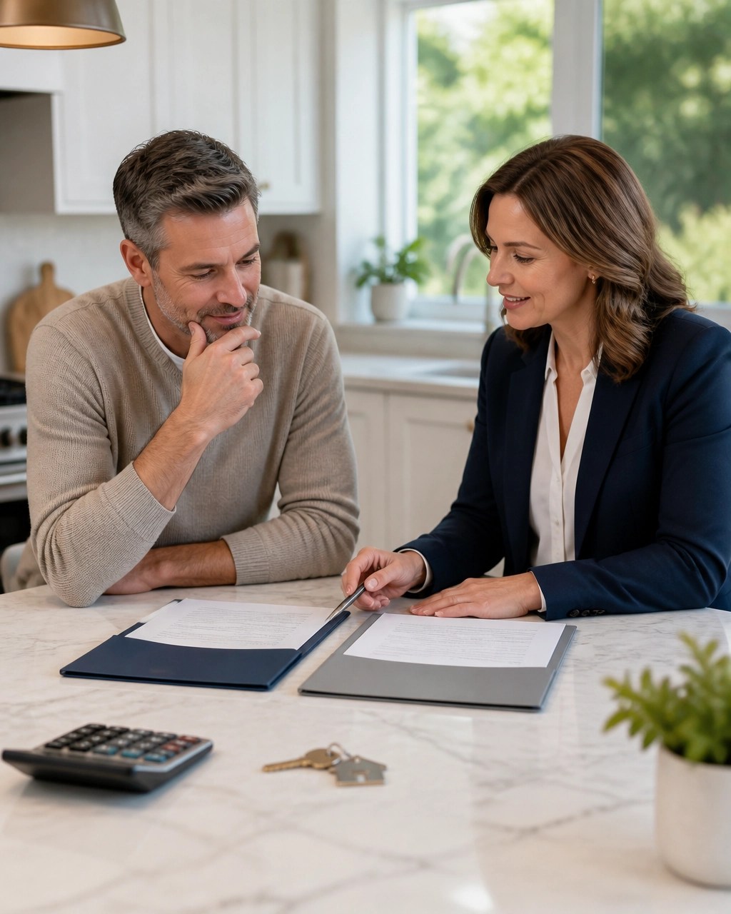 Homeowners and mortgage advisor discussing a home improvement financing plan