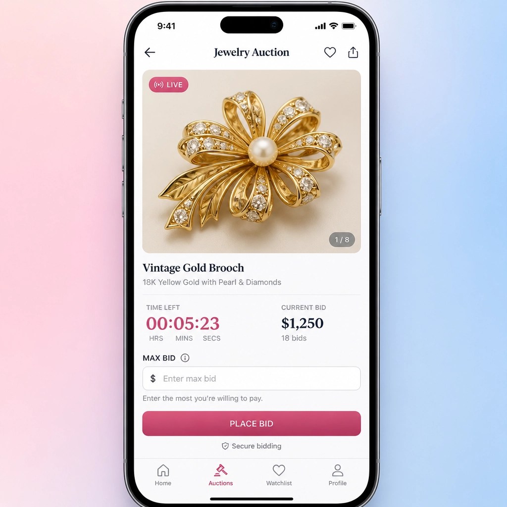 Smartphone interface showing an online jewelry auction bidding screen
