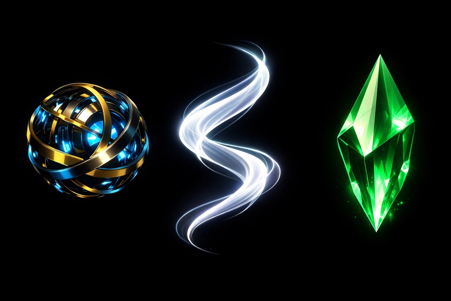 Glowing abstract symbols representing scaling for WordPress, Webflow, and Shopify platforms.