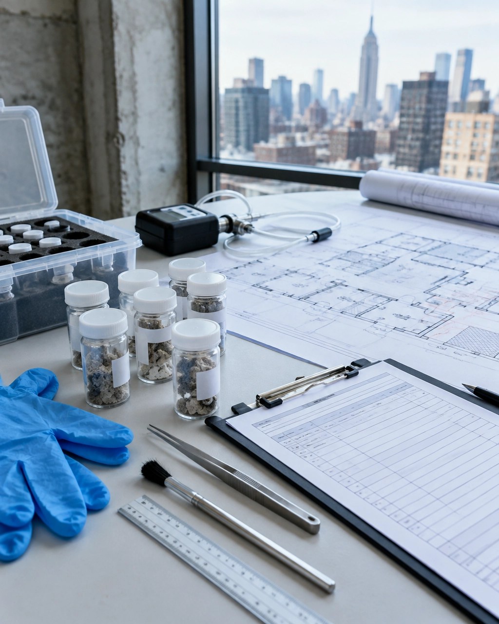 Asbestos bulk sampling vials, chain-of-custody documentation, and a commercial renovation floor plan