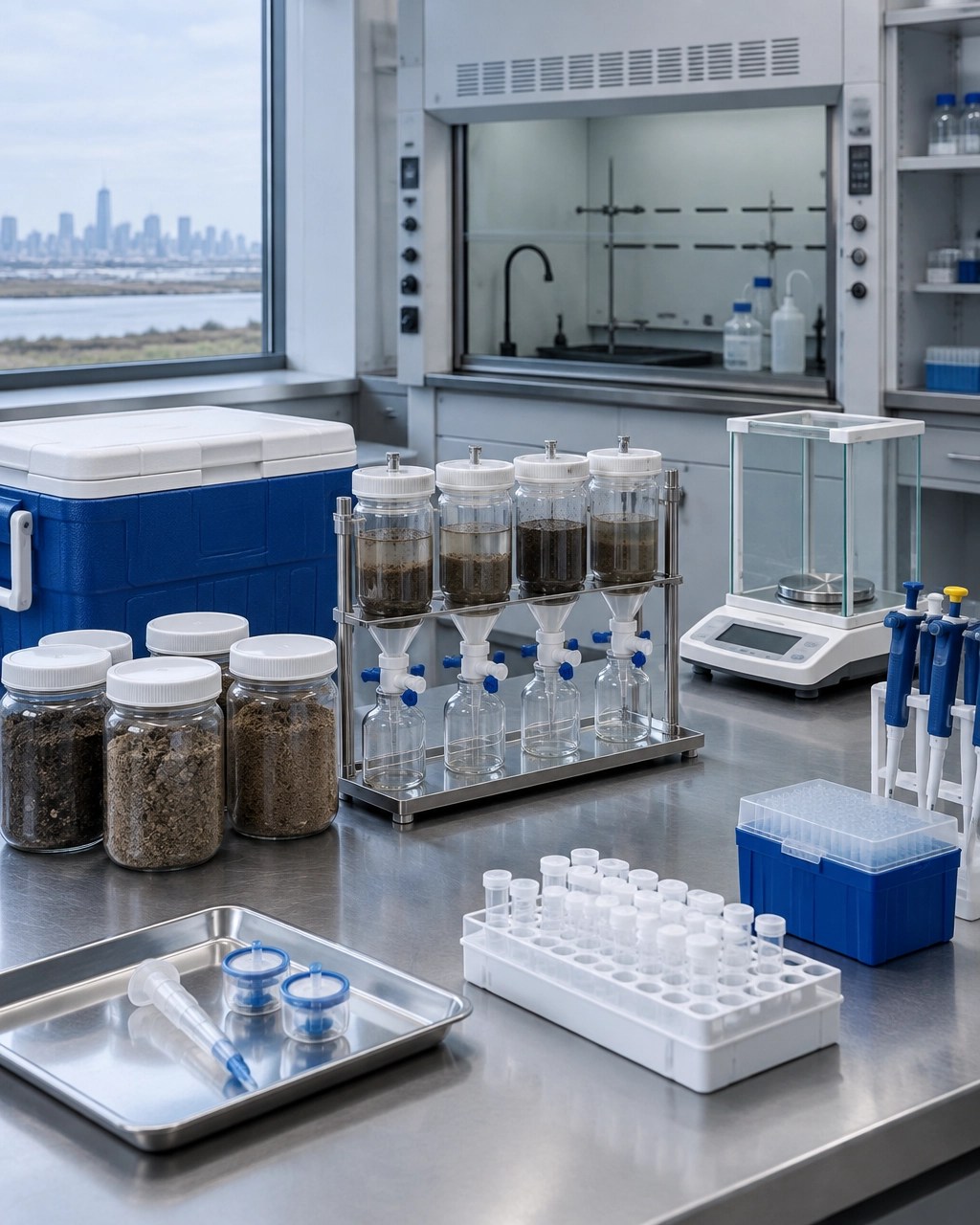 Soil sample jars, chain-of-custody cooler, and TCLP extraction equipment on a technical environmental laboratory bench
