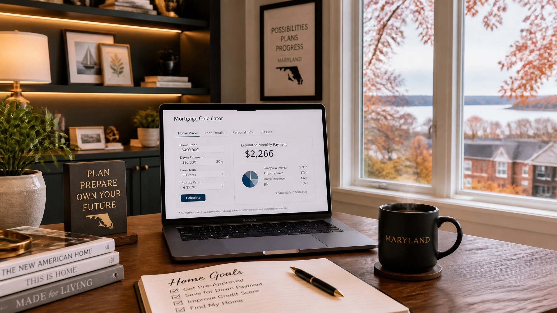 A cozy Maryland home office with a view of fall leaves and a mortgage calculator on the screen