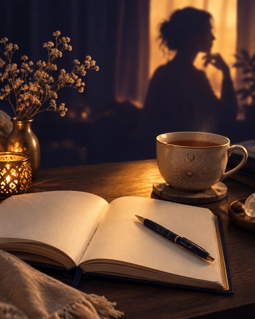 An open journal with a pen and a warm cup of tea in a pool of amber light