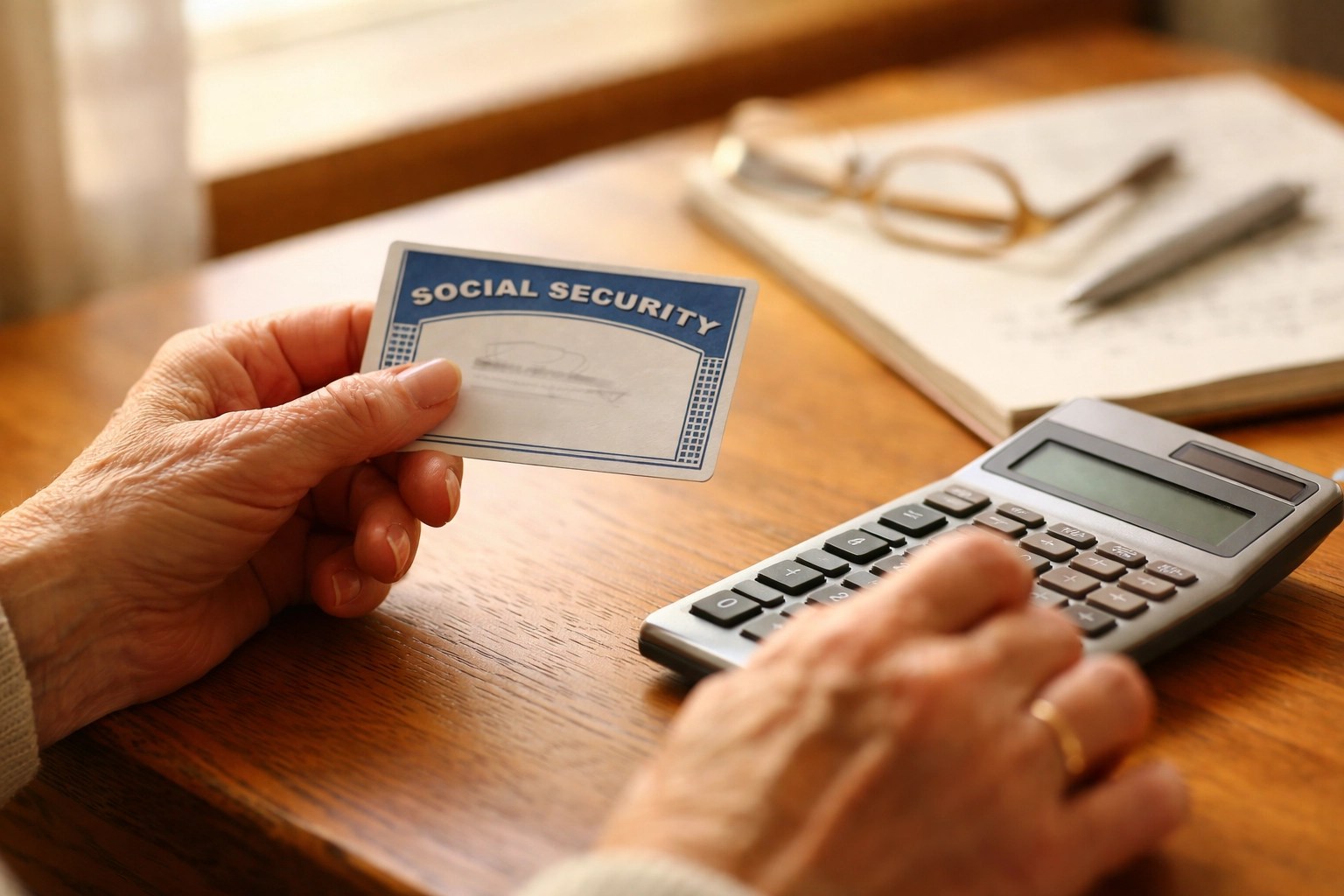 Senior calculating Social Security benefits and reviewing retirement tax planning documents