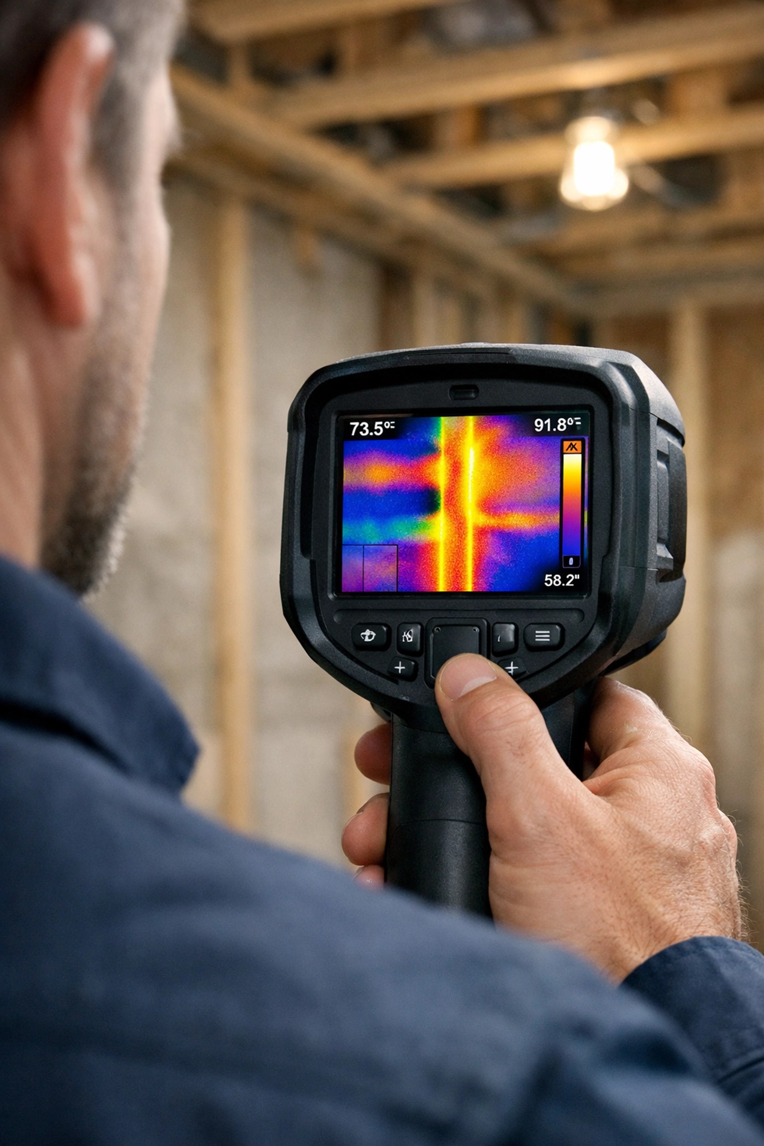 Professional home inspection using thermal imaging to detect hidden issues during a house flip.
