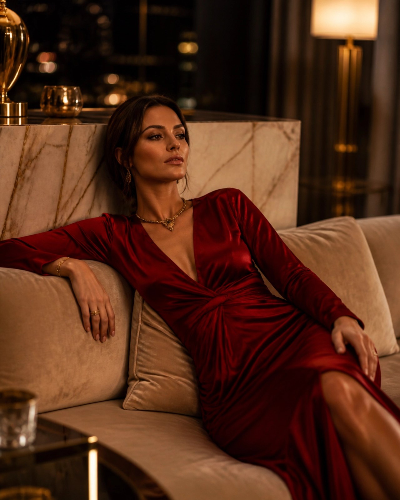 A woman in a red silk dress reclining on a luxury sofa, embodying the 'leaning back' energy that allows a masculine partner to step up and lead.
