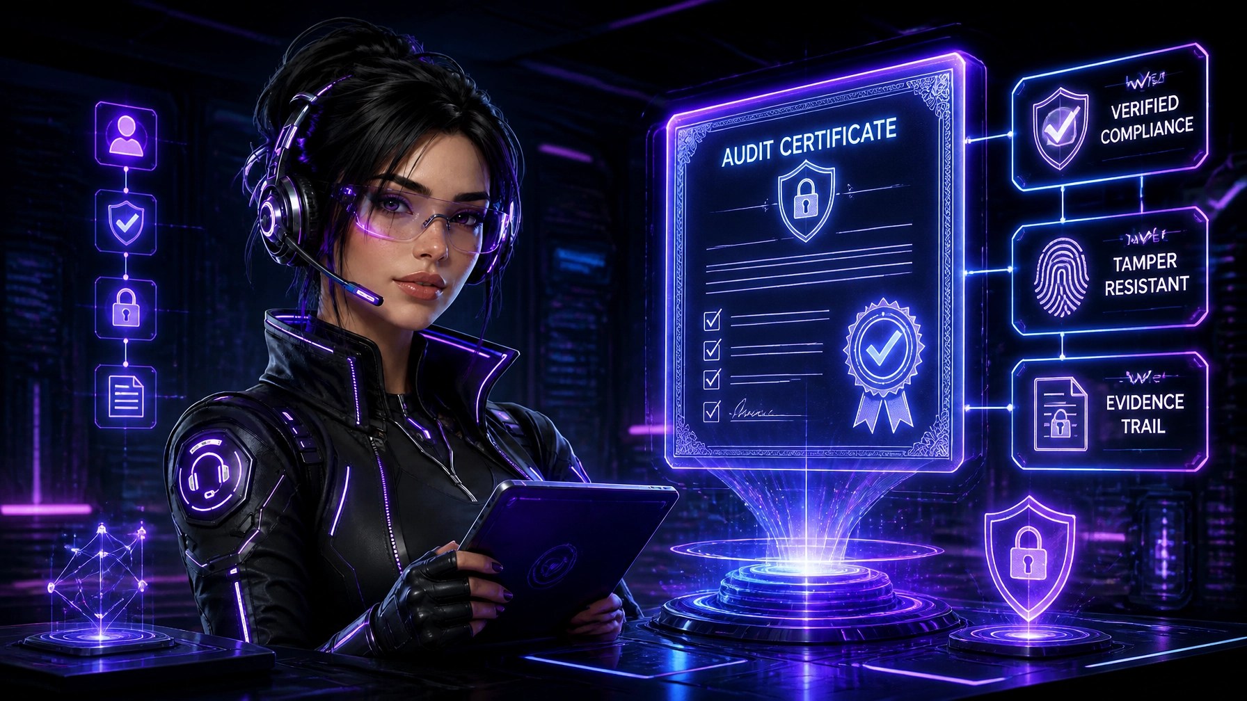 Ava reviewing a clear audit certificate being generated in a neonpunk compliance environment. A luminous certificate, verification marks, tamper-resistant logs, and evidence trail elements emerge from holographic systems around her in a controlled, audit-ready scene.