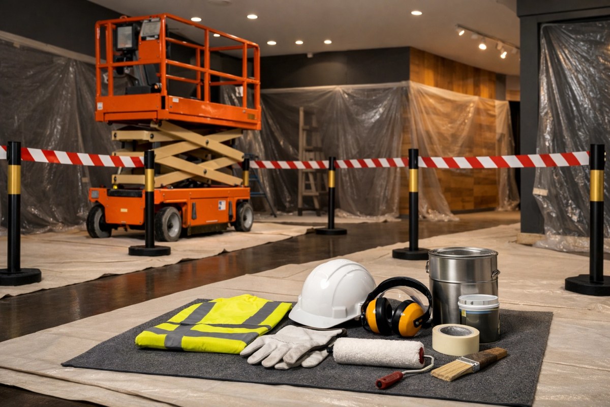 Commercial painting safety and project staging in a protected retail or warehouse site with barriers, lift, and clean floor coverings.