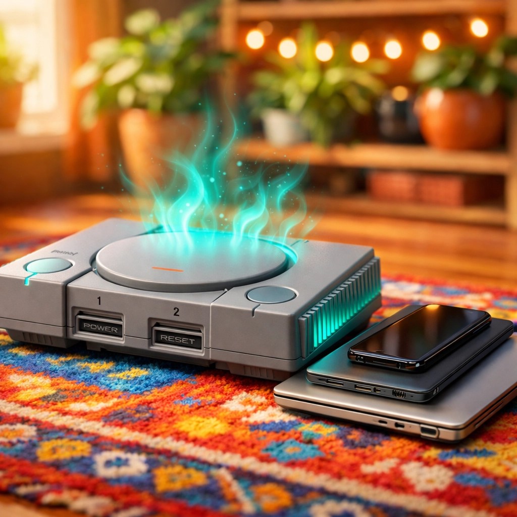 A restored game console, smartphone, and laptop in a cozy home setting, representing successful electronics repair.