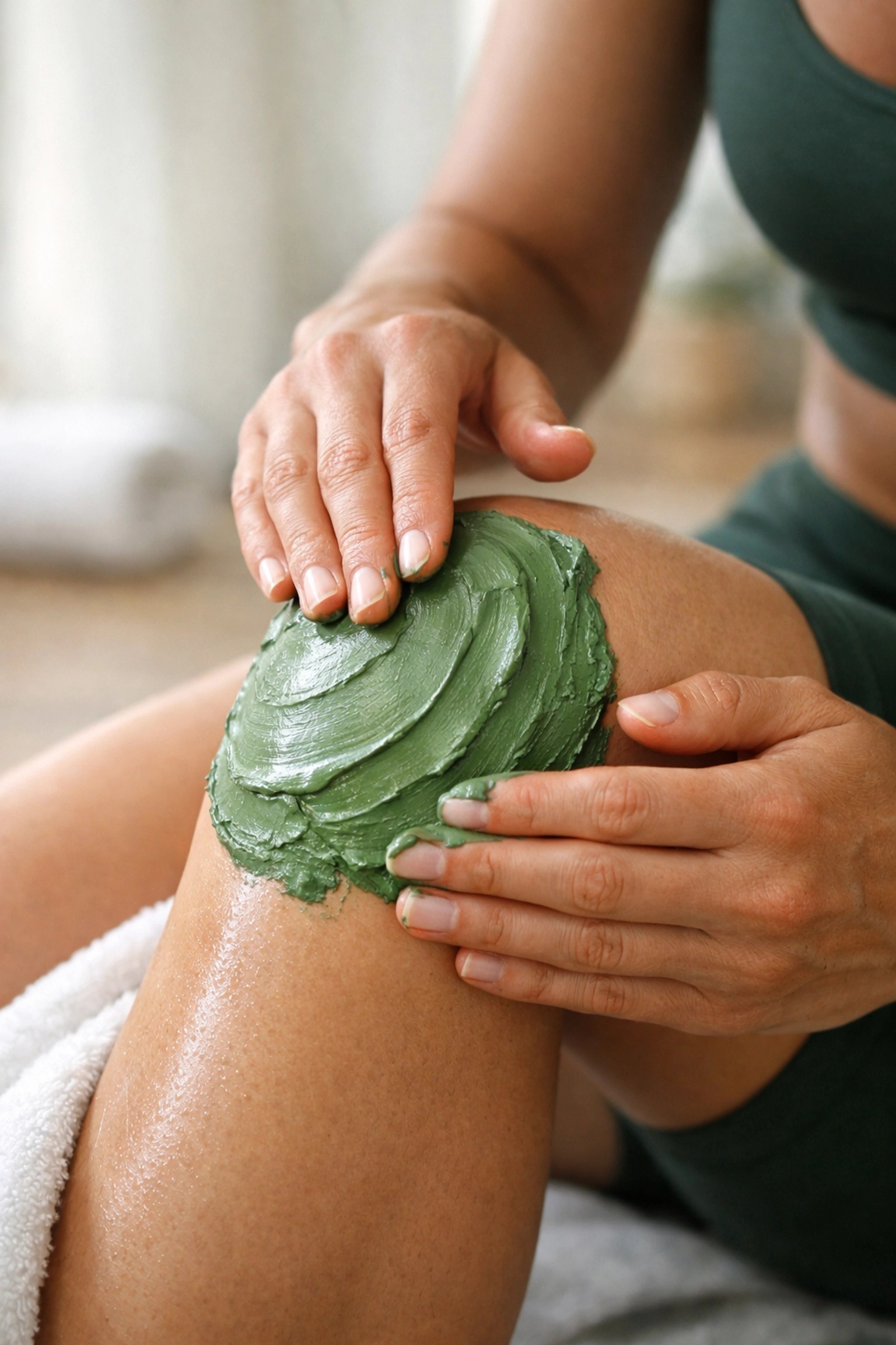 Close-up of an athlete applying thick green clay to a sore knee for effective muscle and joint recovery.