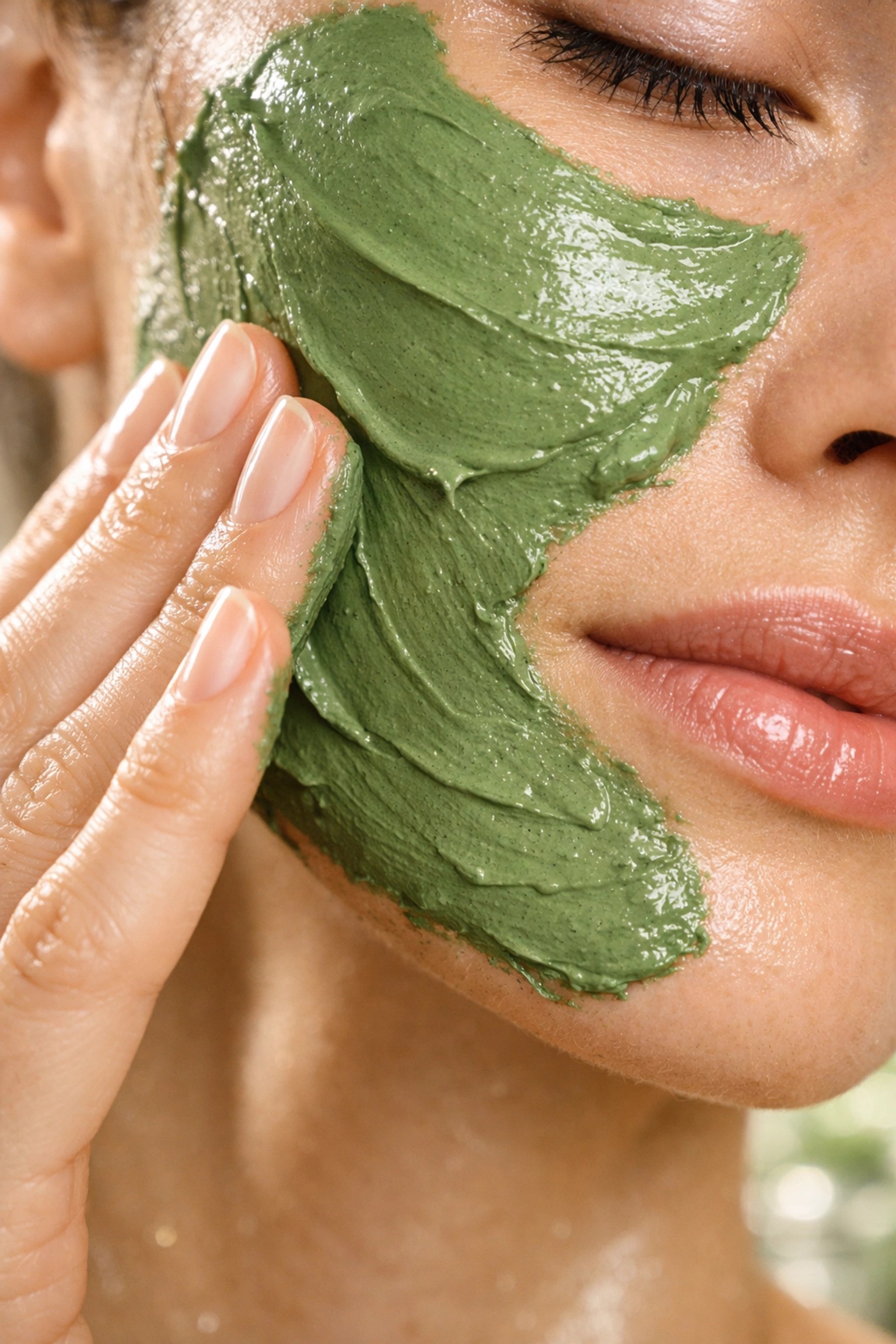 Applying a smooth, moist French green clay mask for a natural skin detox and healing treatment.