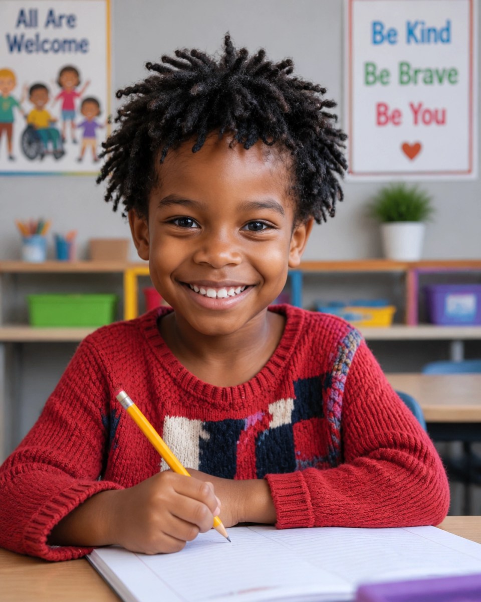 A joyful black boy sits at a school desk, smiling brightly as he engages with his lessons, representing the success and pride that comes from a supportive learning environment.