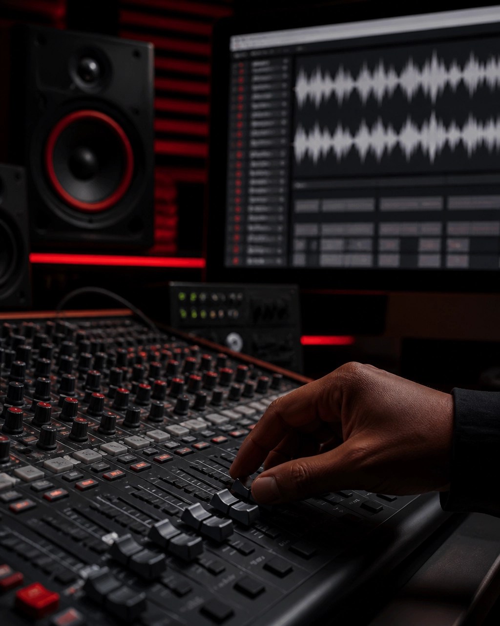 Audio engineer adjusting a mixing console beside a monitor with waveform and metadata displays