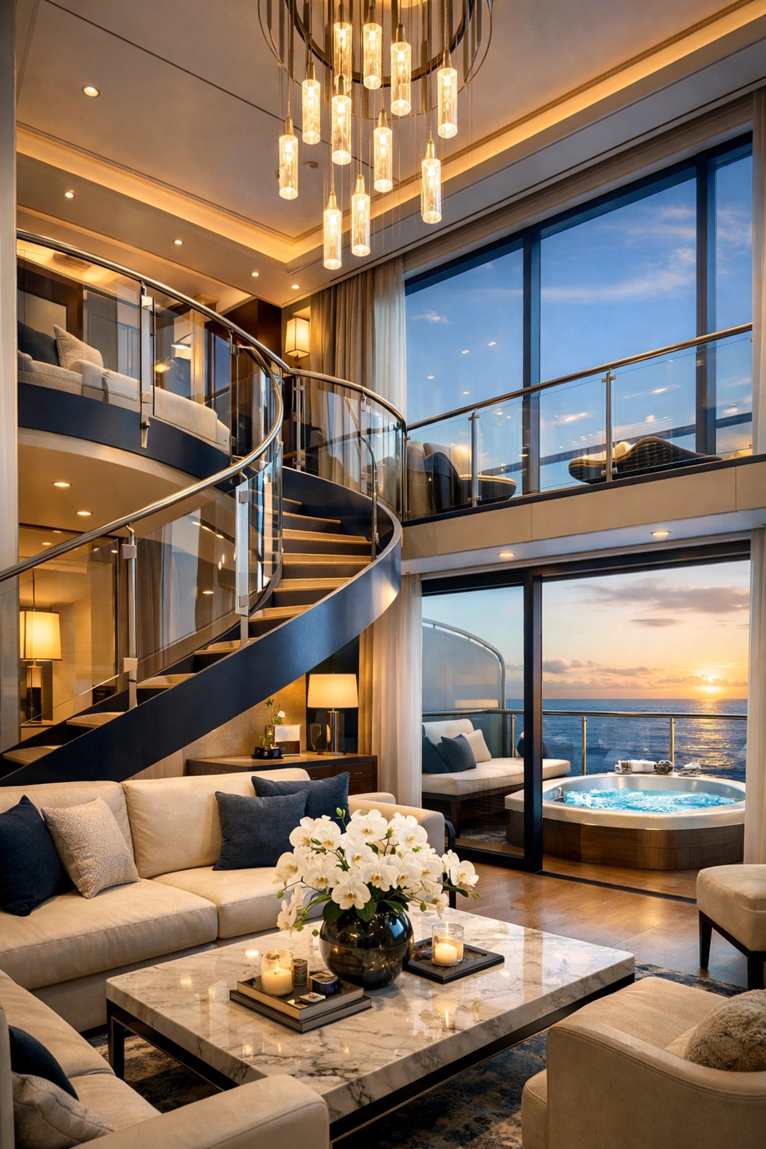 Duplex cruise suite interior with spiral staircase and private whirlpool balcony