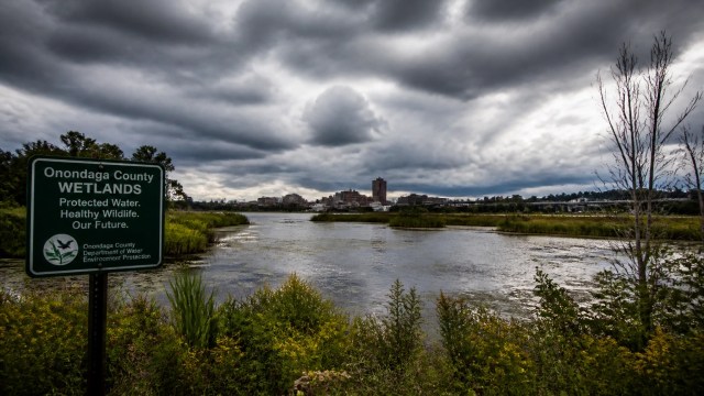 Wide-angle view of Onondaga County wetlands and waterways near the proposed development site