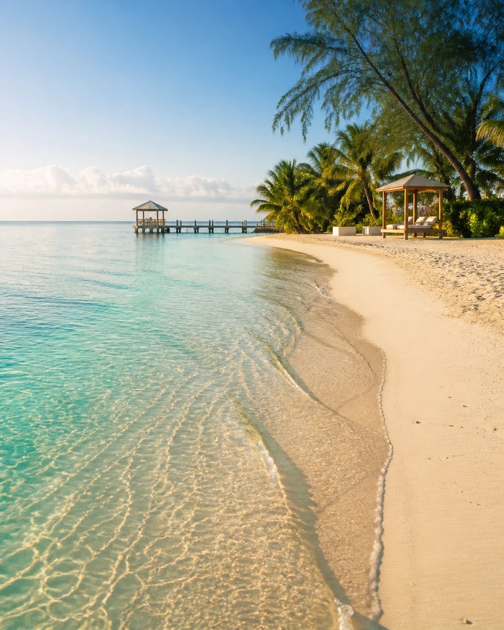 Quiet Rum Point shoreline with shallow turquoise water and tropical greenery
