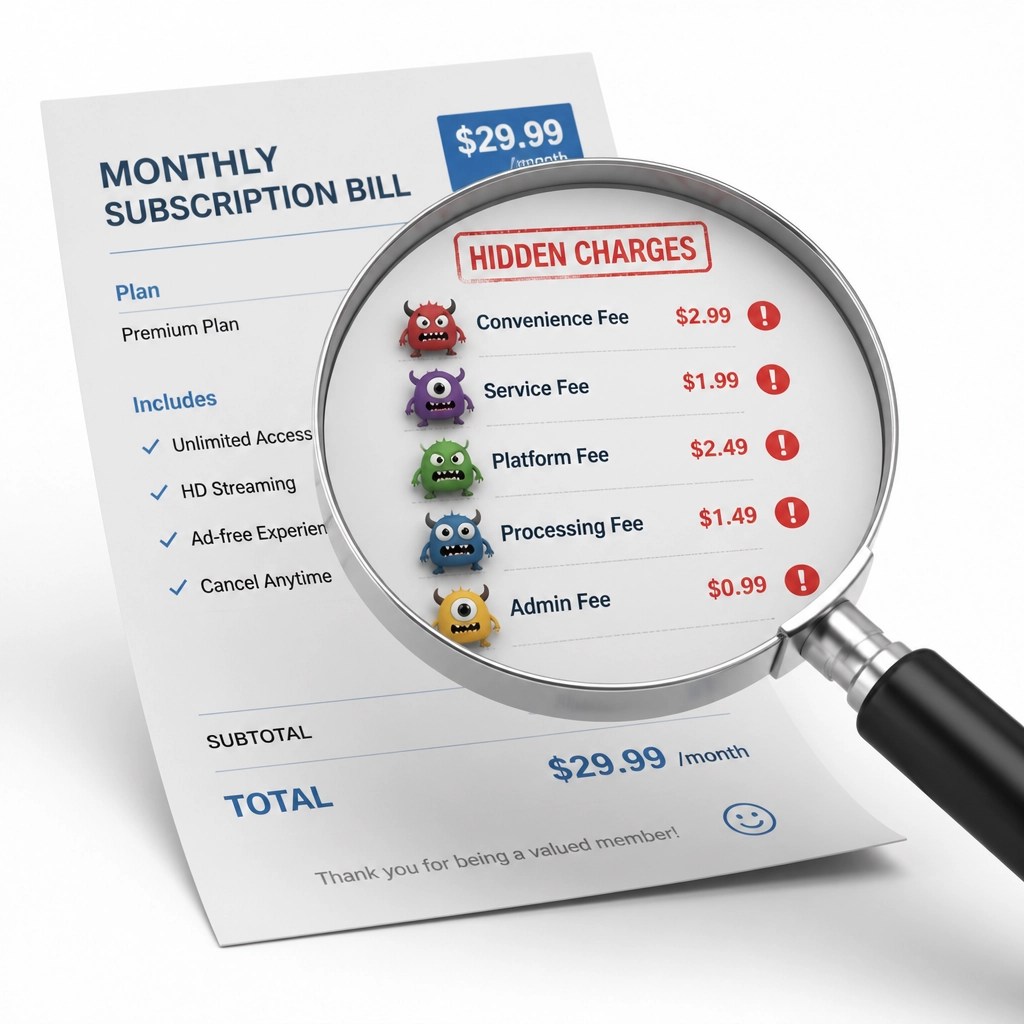 A magnifying glass revealing hidden fees and surprise costs on a bill.