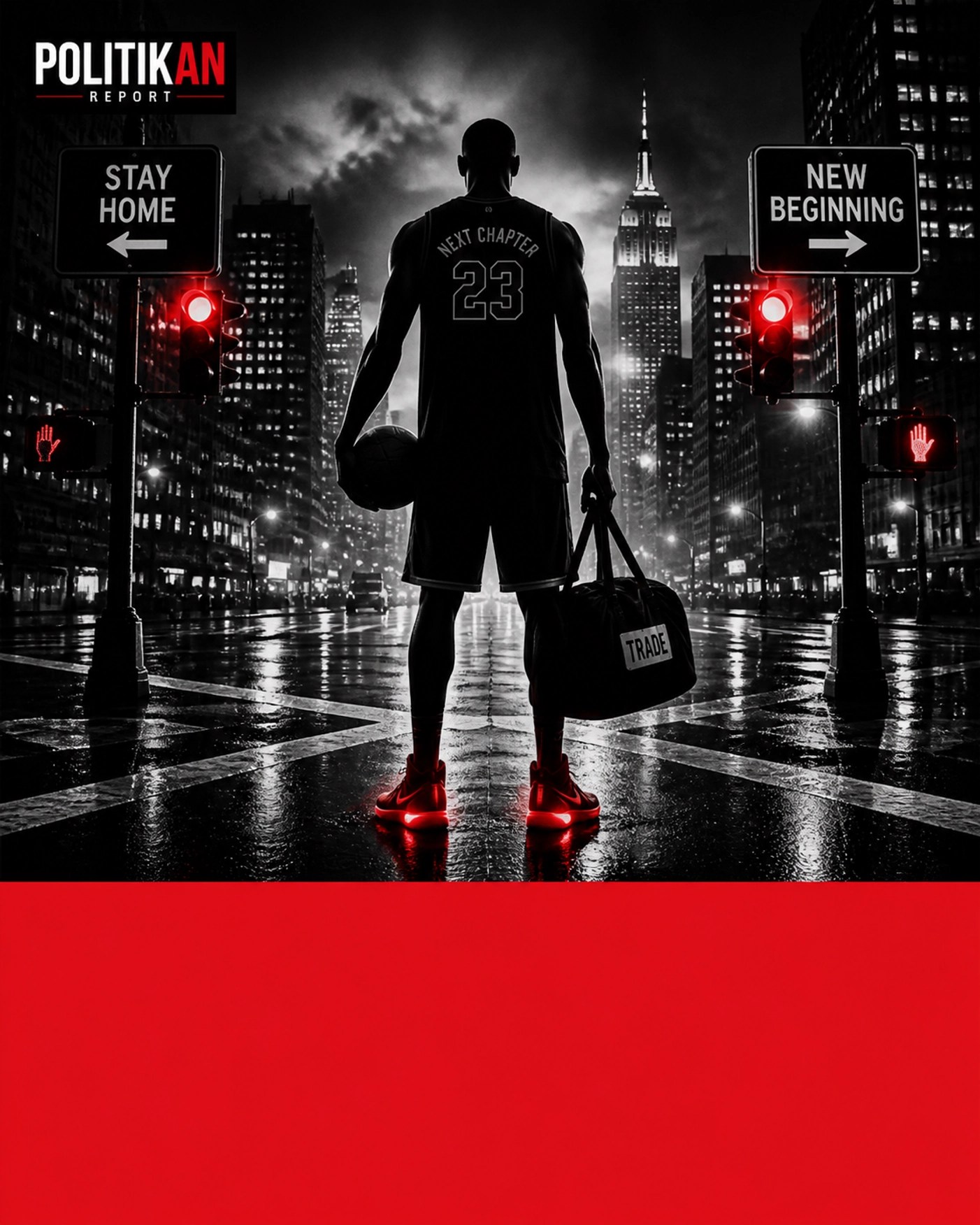 Silhouette of a basketball player in a rainy city, symbolizing NBA trade rumors and franchise power shifts.