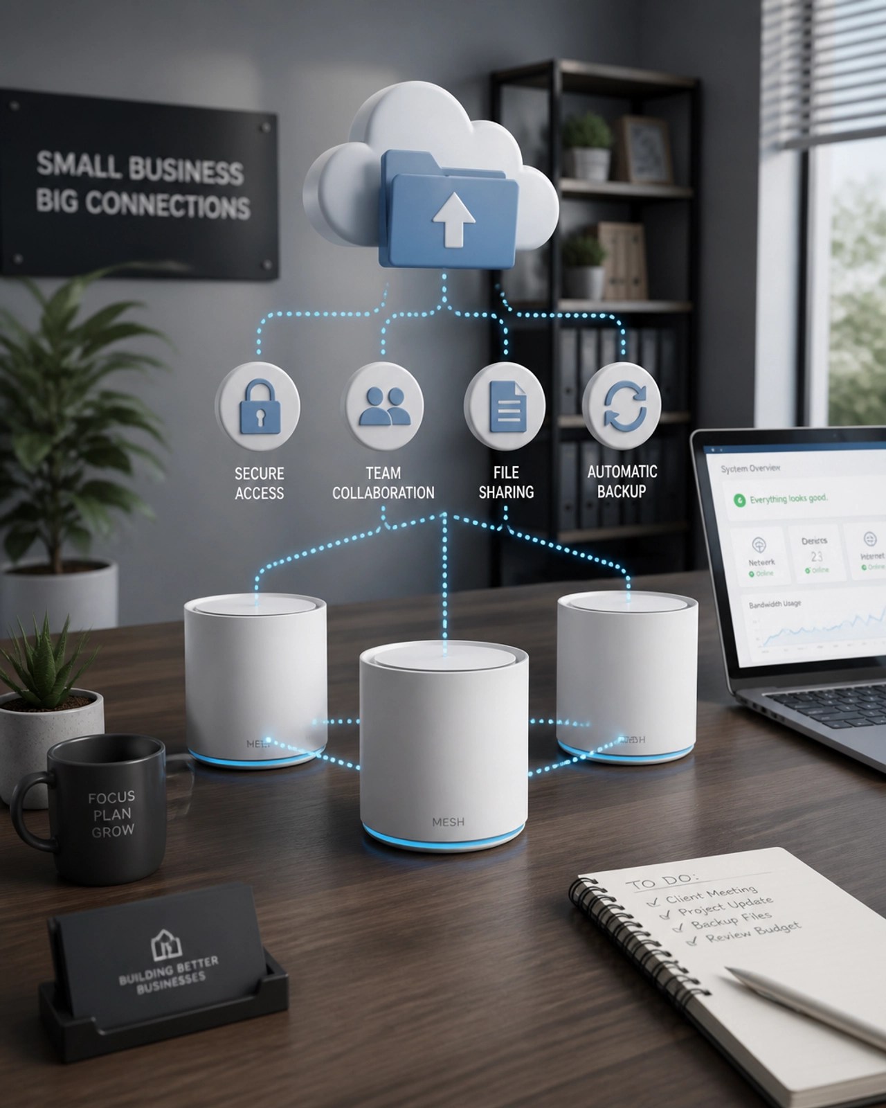 A 3D digital illustration representing small business tech infrastructure, showing a mesh Wi-Fi system and cloud storage icons hovering over a professional office desk.