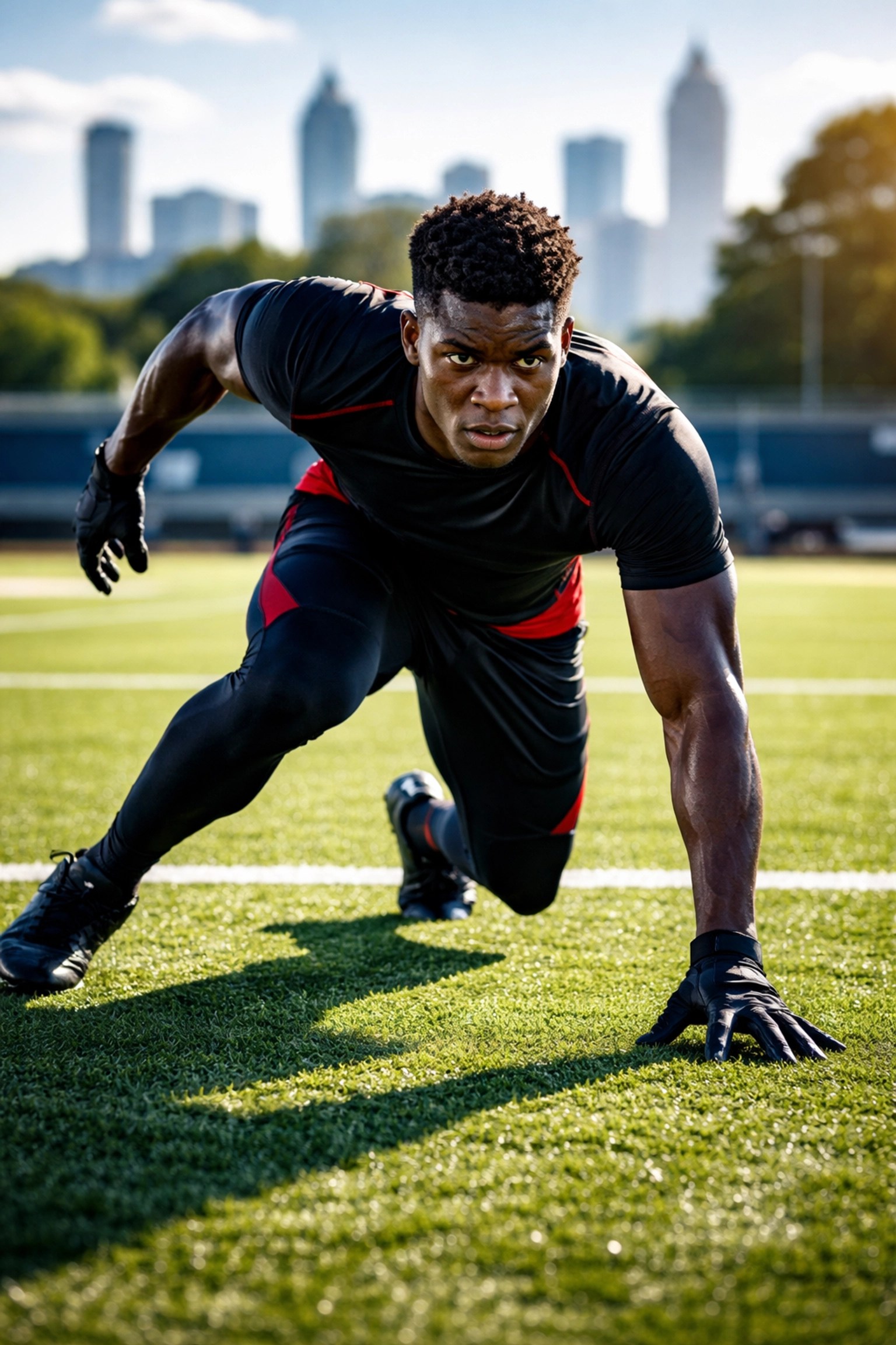 Young Atlanta football player in black and red training gear prepares to explode off the turf during iDareU positional training season